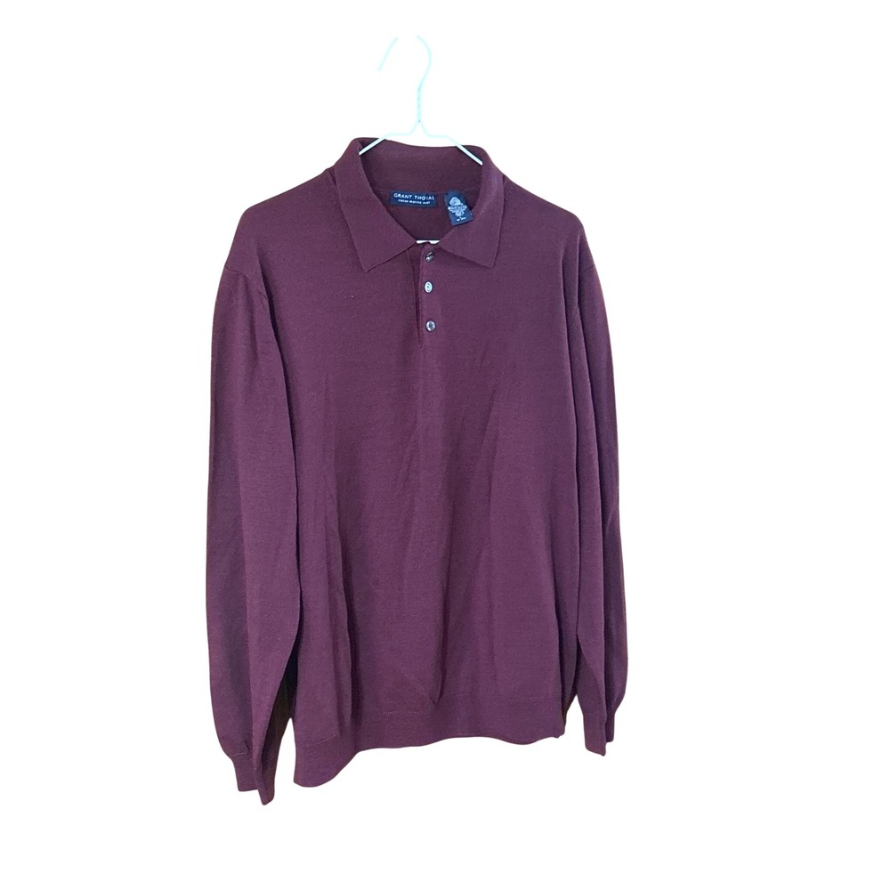 Grant Thomas Mens Italian Merino Wool Long Sleeve Polo Sweater Burgundy Large